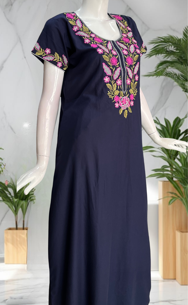 Navy Blue Embroidery Soft Cotton Nighty. Soft Breathable Fabric | Laces and Frills