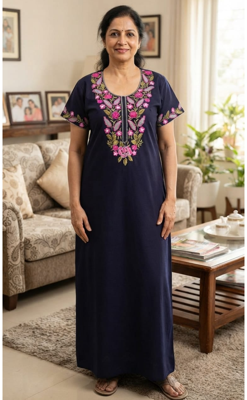 Navy Blue Embroidery Soft Cotton Nighty. Soft Breathable Fabric | Laces and Frills