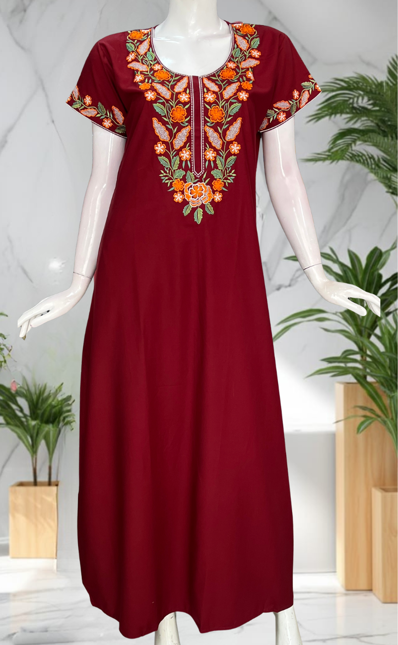 Maroon Embroidery Soft Cotton Nighty. Soft Breathable Fabric | Laces and Frills