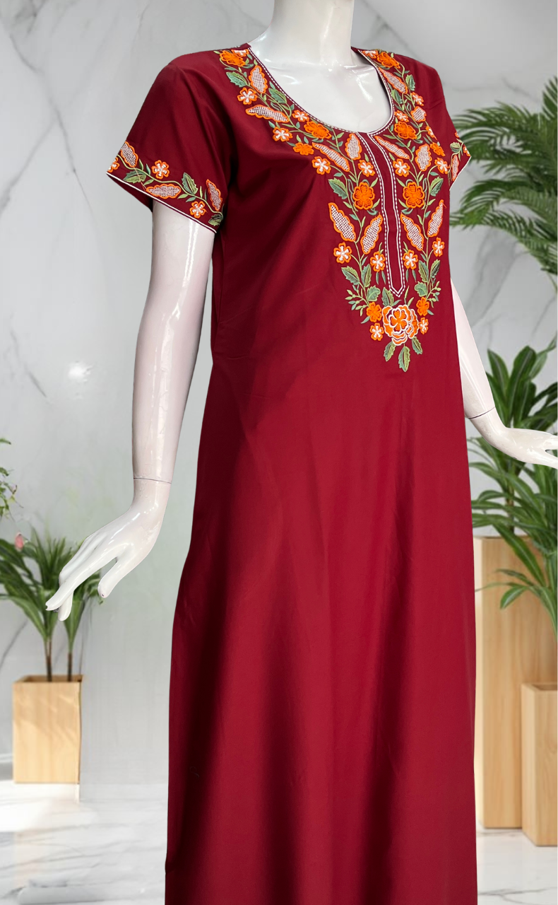 Maroon Embroidery Soft Cotton Nighty. Soft Breathable Fabric | Laces and Frills