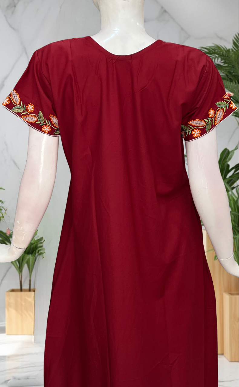 Maroon Embroidery Soft Cotton Nighty. Soft Breathable Fabric | Laces and Frills