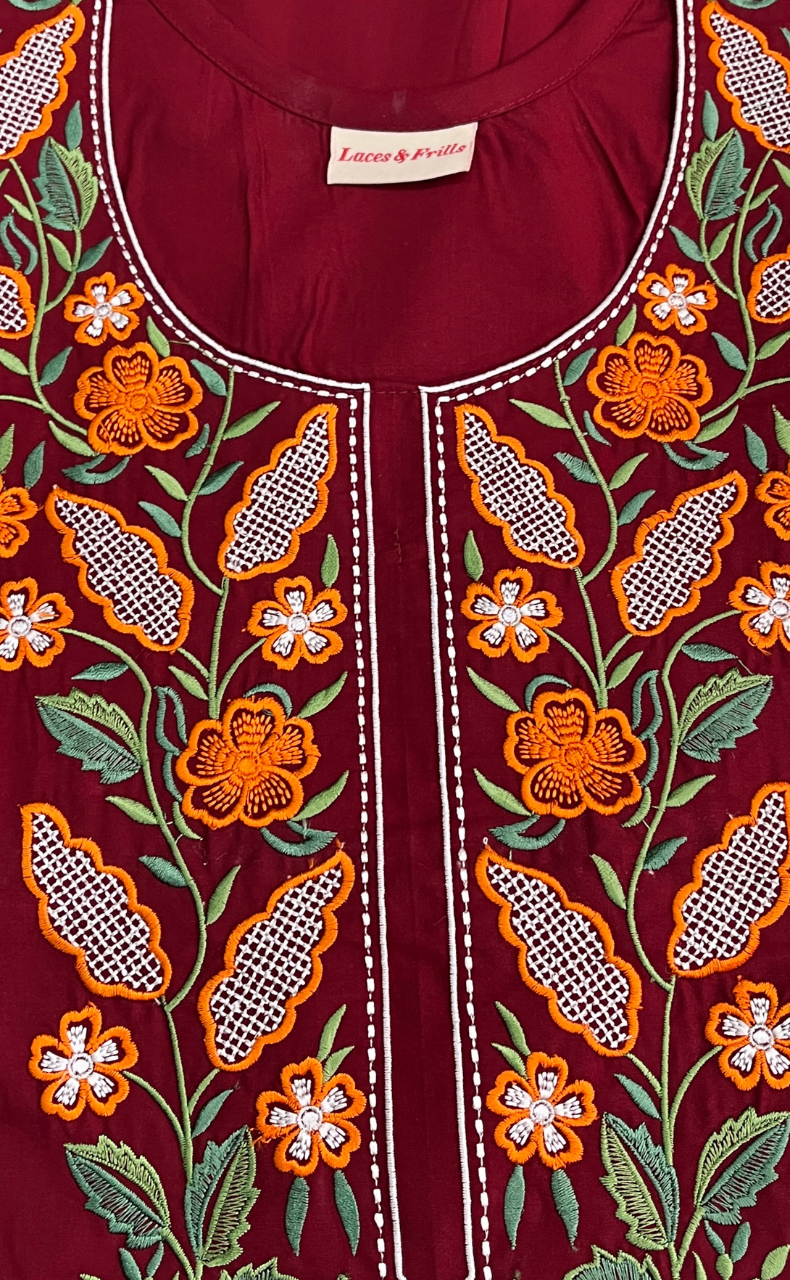 Maroon Embroidery Soft Cotton Nighty. Soft Breathable Fabric | Laces and Frills