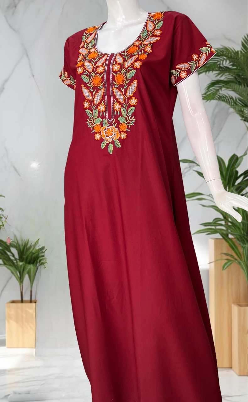 Maroon Embroidery Soft Cotton Nighty. Soft Breathable Fabric | Laces and Frills