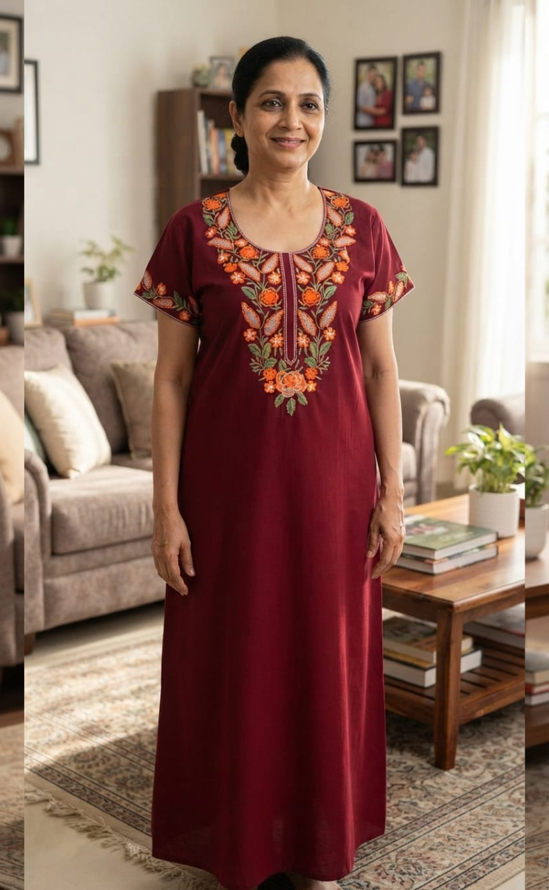Maroon Embroidery Soft Cotton Nighty. Soft Breathable Fabric | Laces and Frills