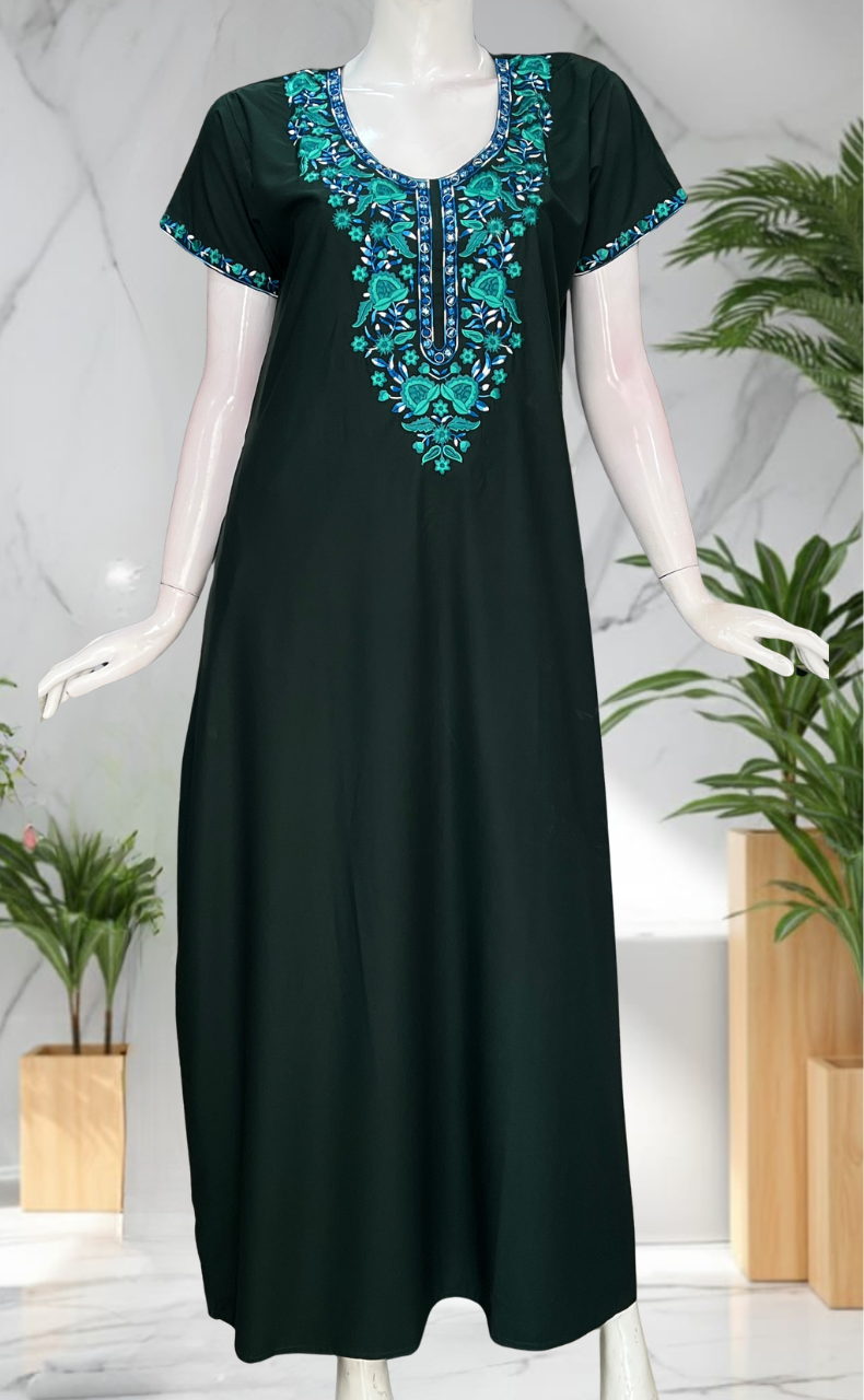 Dark Green Embroidery Soft Cotton Nighty. Soft Breathable Fabric | Laces and Frills