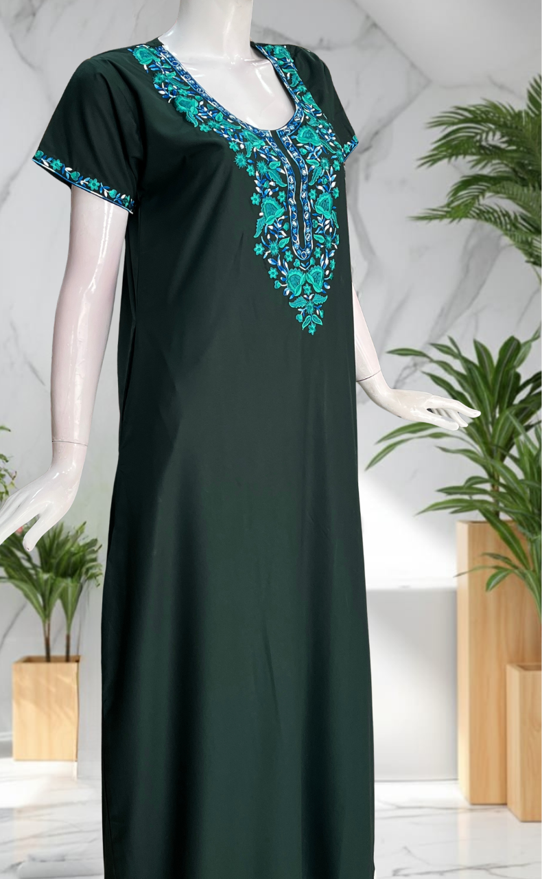 Dark Green Embroidery Soft Cotton Nighty. Soft Breathable Fabric | Laces and Frills