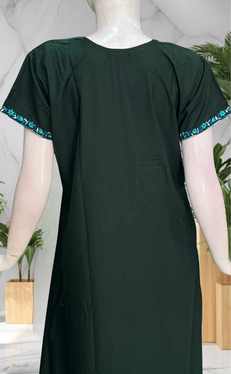 Dark Green Embroidery Soft Cotton Nighty. Soft Breathable Fabric | Laces and Frills