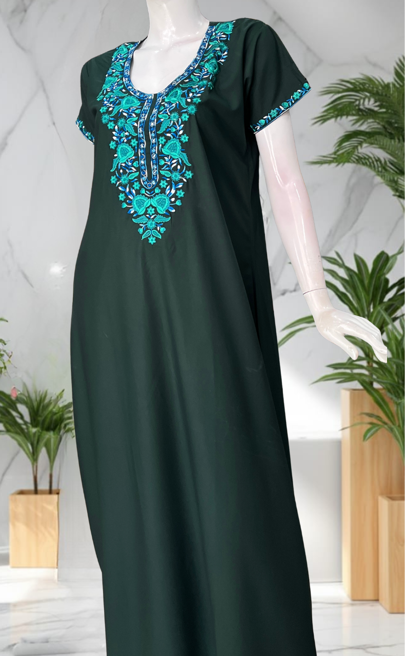 Dark Green Embroidery Soft Cotton Nighty. Soft Breathable Fabric | Laces and Frills