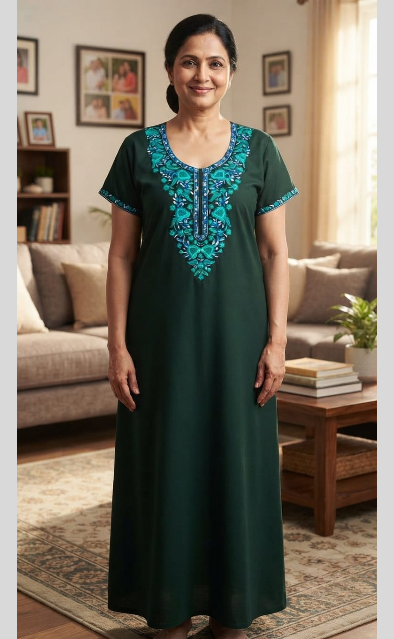 Dark Green Embroidery Soft Cotton Nighty. Soft Breathable Fabric | Laces and Frills