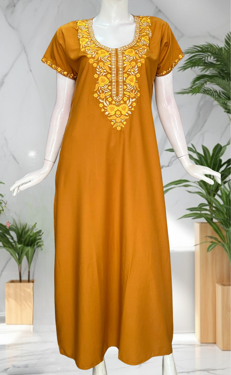 Yellow Embroidery Soft Cotton Nighty. Soft Breathable Fabric | Laces and Frills