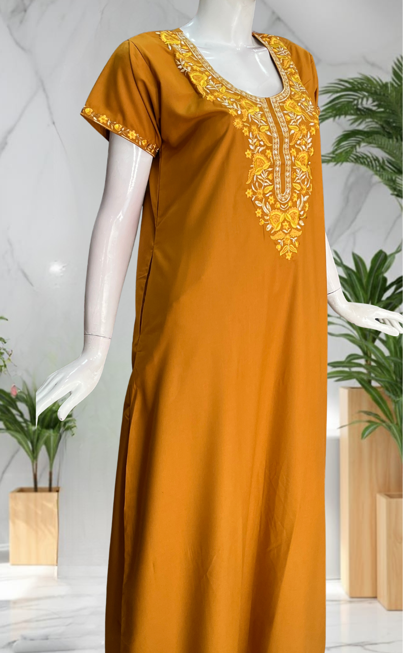 Yellow Embroidery Soft Cotton Nighty. Soft Breathable Fabric | Laces and Frills