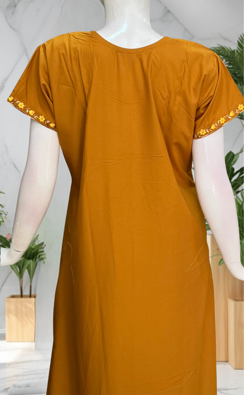 Yellow Embroidery Soft Cotton Nighty. Soft Breathable Fabric | Laces and Frills
