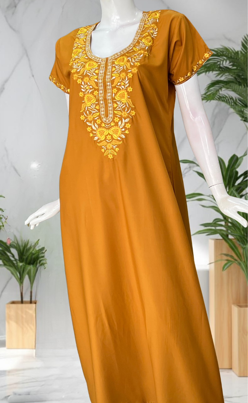 Yellow Embroidery Soft Cotton Nighty. Soft Breathable Fabric | Laces and Frills