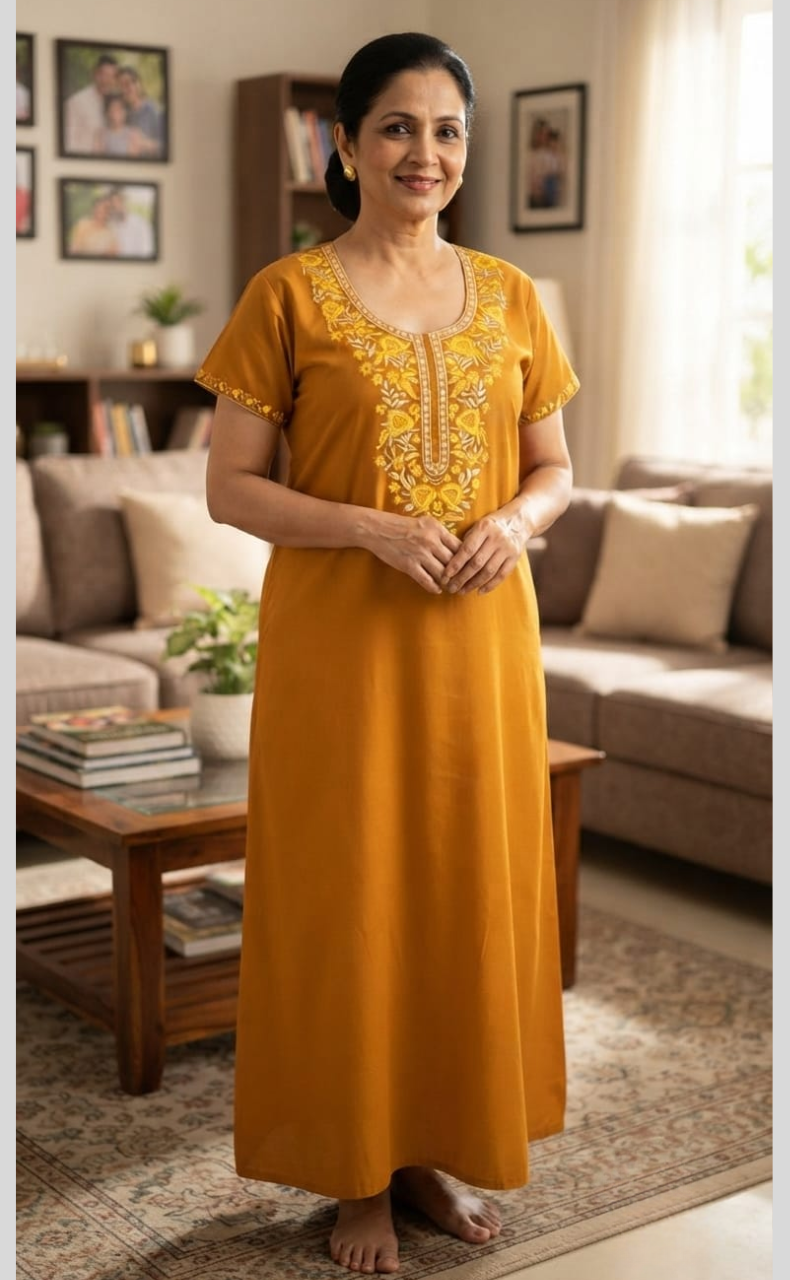 Yellow Embroidery Soft Cotton Nighty. Soft Breathable Fabric | Laces and Frills
