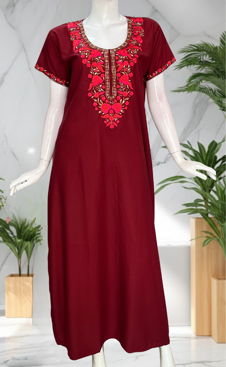 Maroon Embroidery Soft Cotton Nighty. Soft Breathable Fabric | Laces and Frills