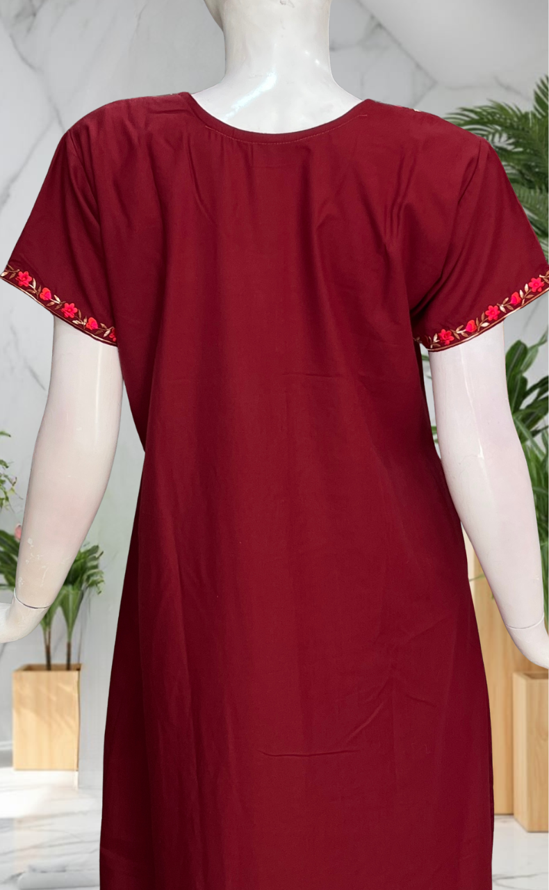 Maroon Embroidery Soft Cotton Nighty. Soft Breathable Fabric | Laces and Frills