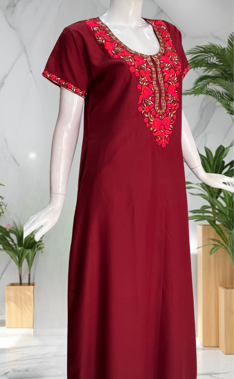 Maroon Embroidery Soft Cotton Nighty. Soft Breathable Fabric | Laces and Frills