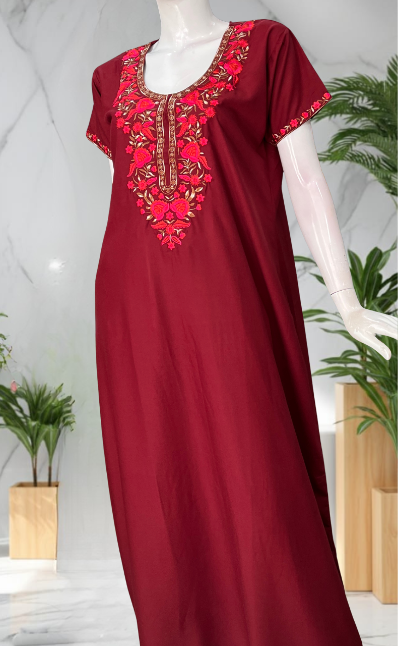 Maroon Embroidery Soft Cotton Nighty. Soft Breathable Fabric | Laces and Frills