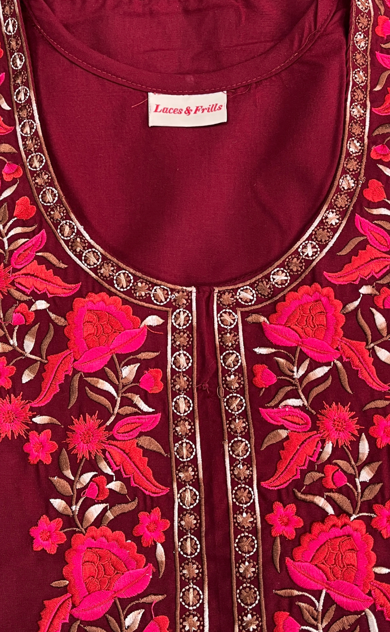 Maroon Embroidery Soft Cotton Nighty. Soft Breathable Fabric | Laces and Frills