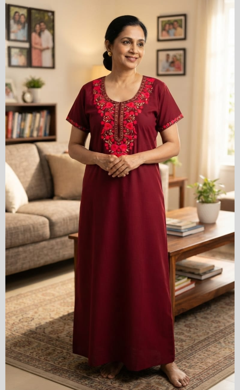 Maroon Embroidery Soft Cotton Nighty. Soft Breathable Fabric | Laces and Frills