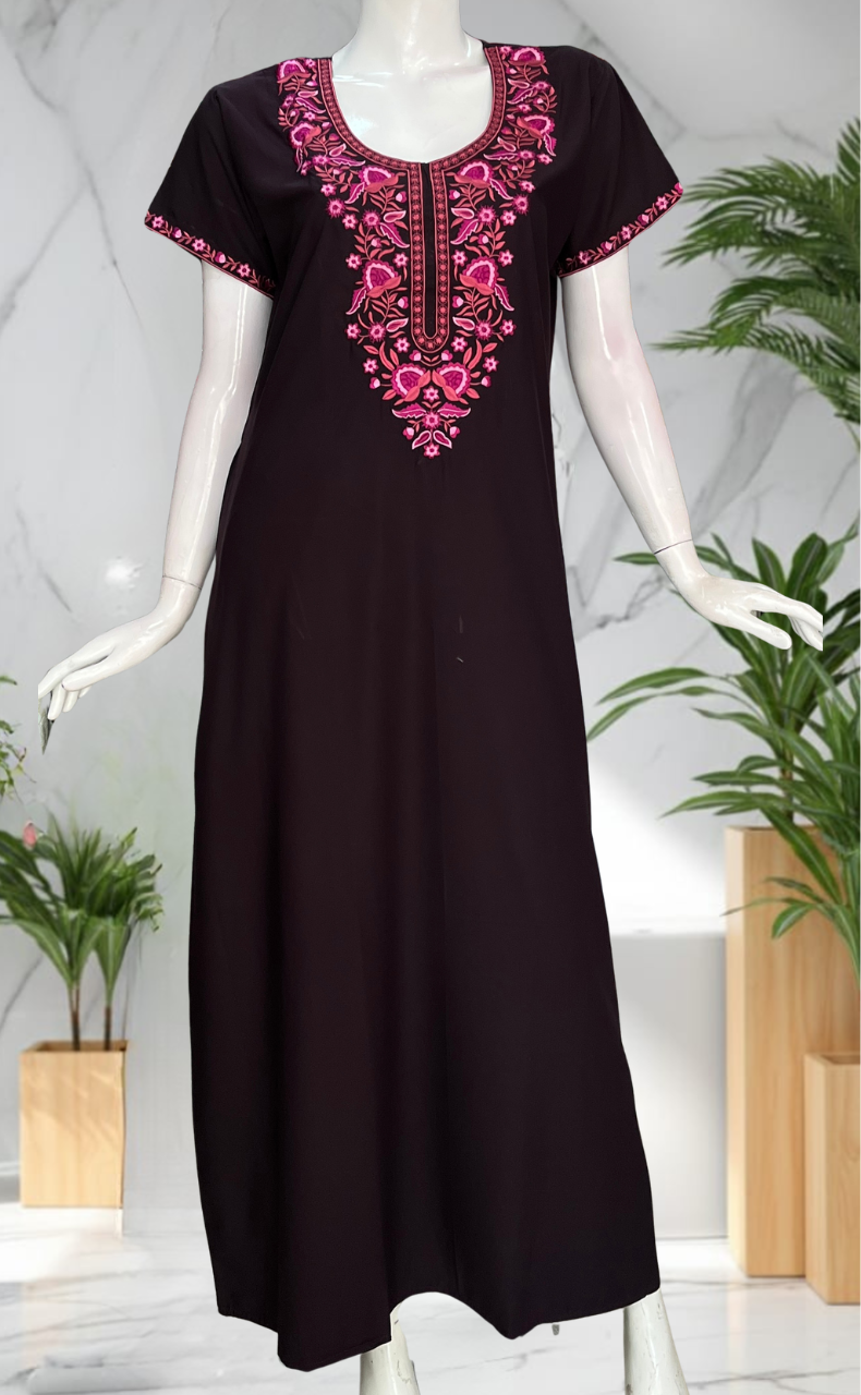 Dark Wine Embroidery Soft Cotton Nighty. Soft Breathable Fabric | Laces and Frills