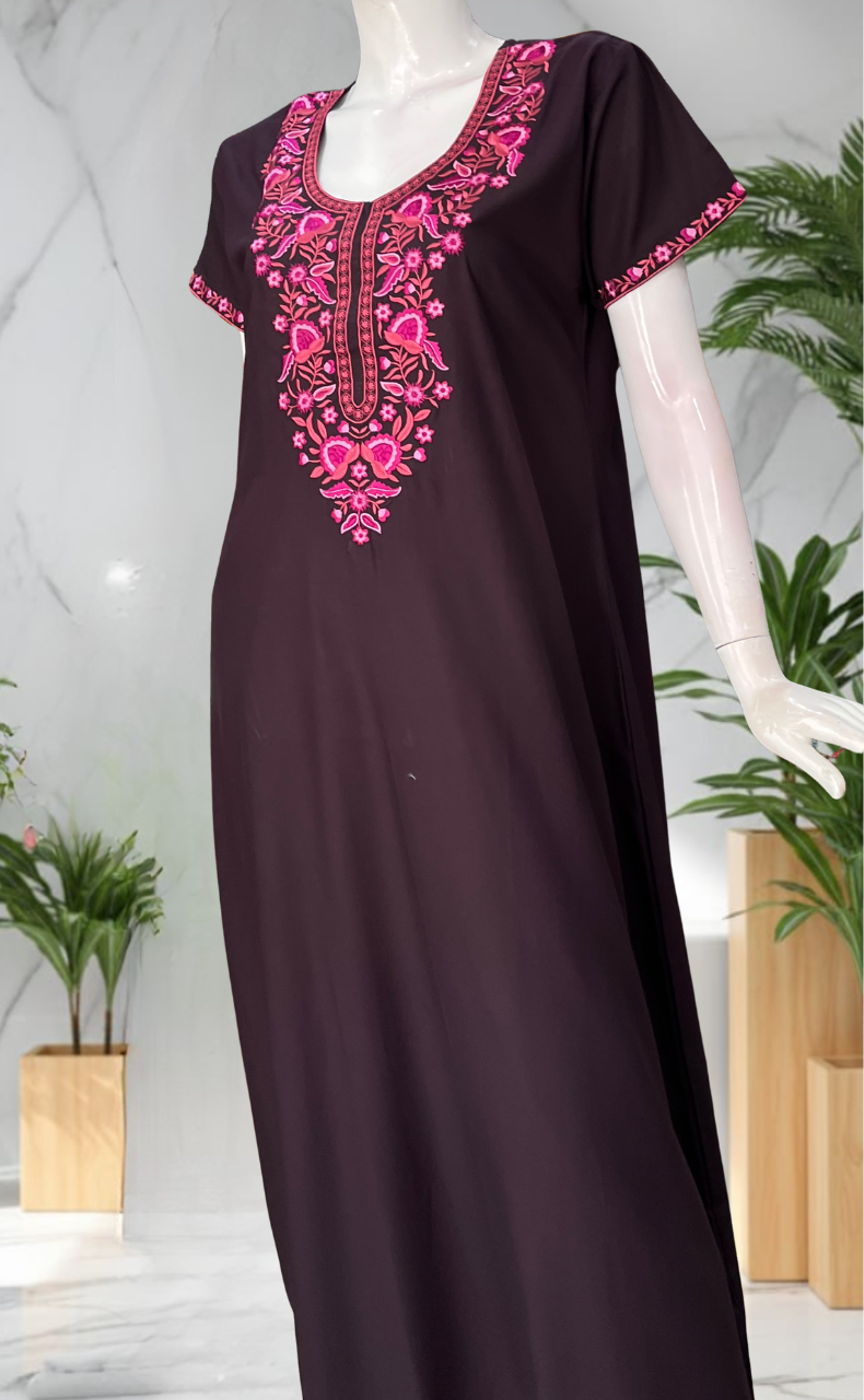 Dark Wine Embroidery Soft Cotton Nighty. Soft Breathable Fabric | Laces and Frills