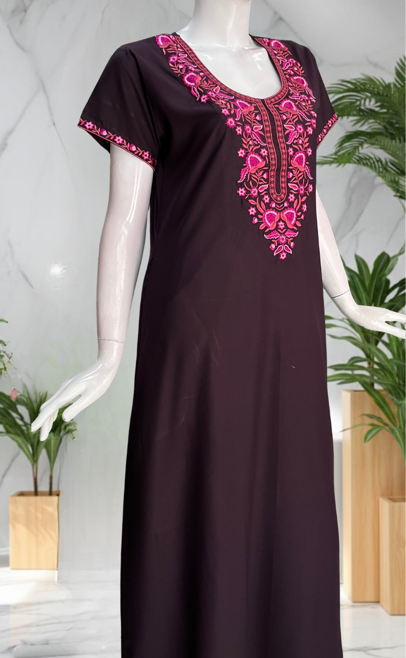Dark Wine Embroidery Soft Cotton Nighty. Soft Breathable Fabric | Laces and Frills