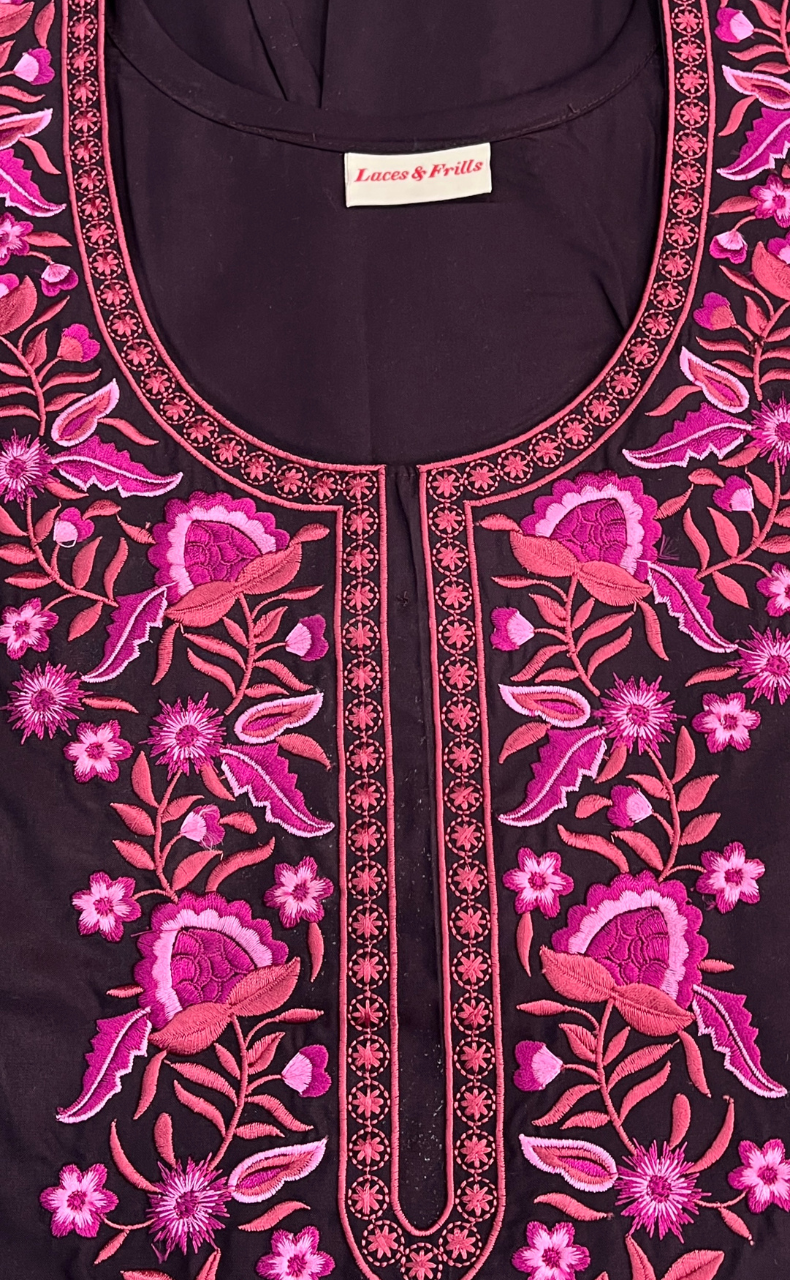 Dark Wine Embroidery Soft Cotton Nighty. Soft Breathable Fabric | Laces and Frills