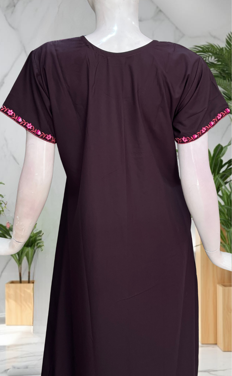 Dark Wine Embroidery Soft Cotton Nighty. Soft Breathable Fabric | Laces and Frills
