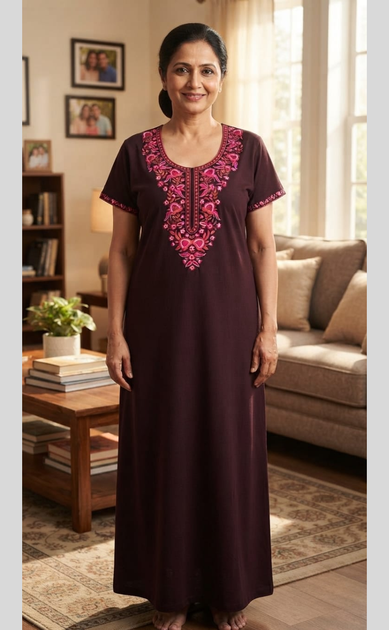Dark Wine Embroidery Soft Cotton Nighty. Soft Breathable Fabric | Laces and Frills