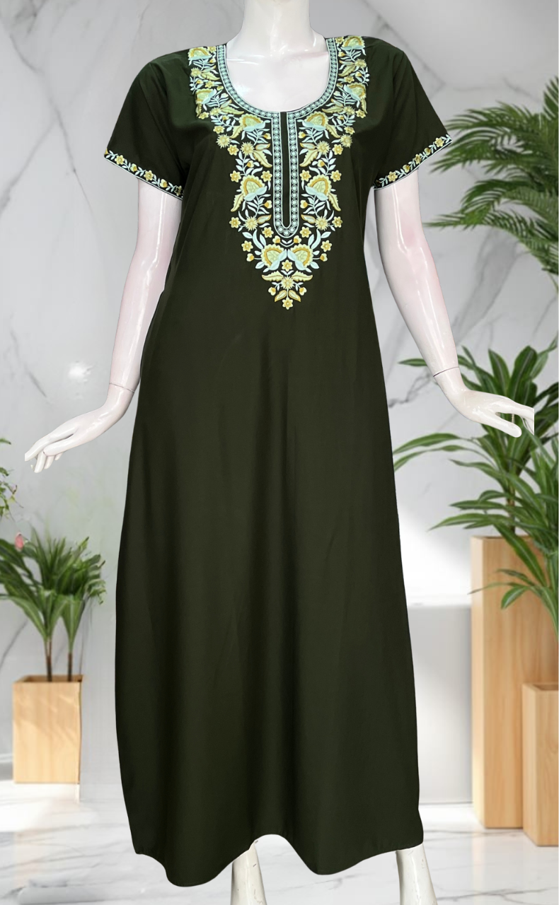 Mehndi Green Embroidery Soft Cotton Nighty. Soft Breathable Fabric | Laces and Frills