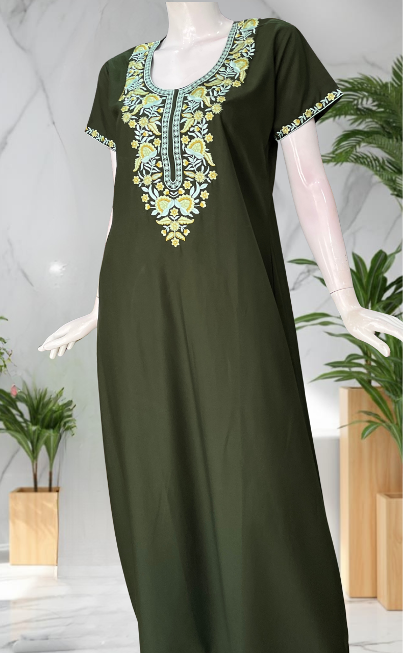 Mehndi Green Embroidery Soft Cotton Nighty. Soft Breathable Fabric | Laces and Frills