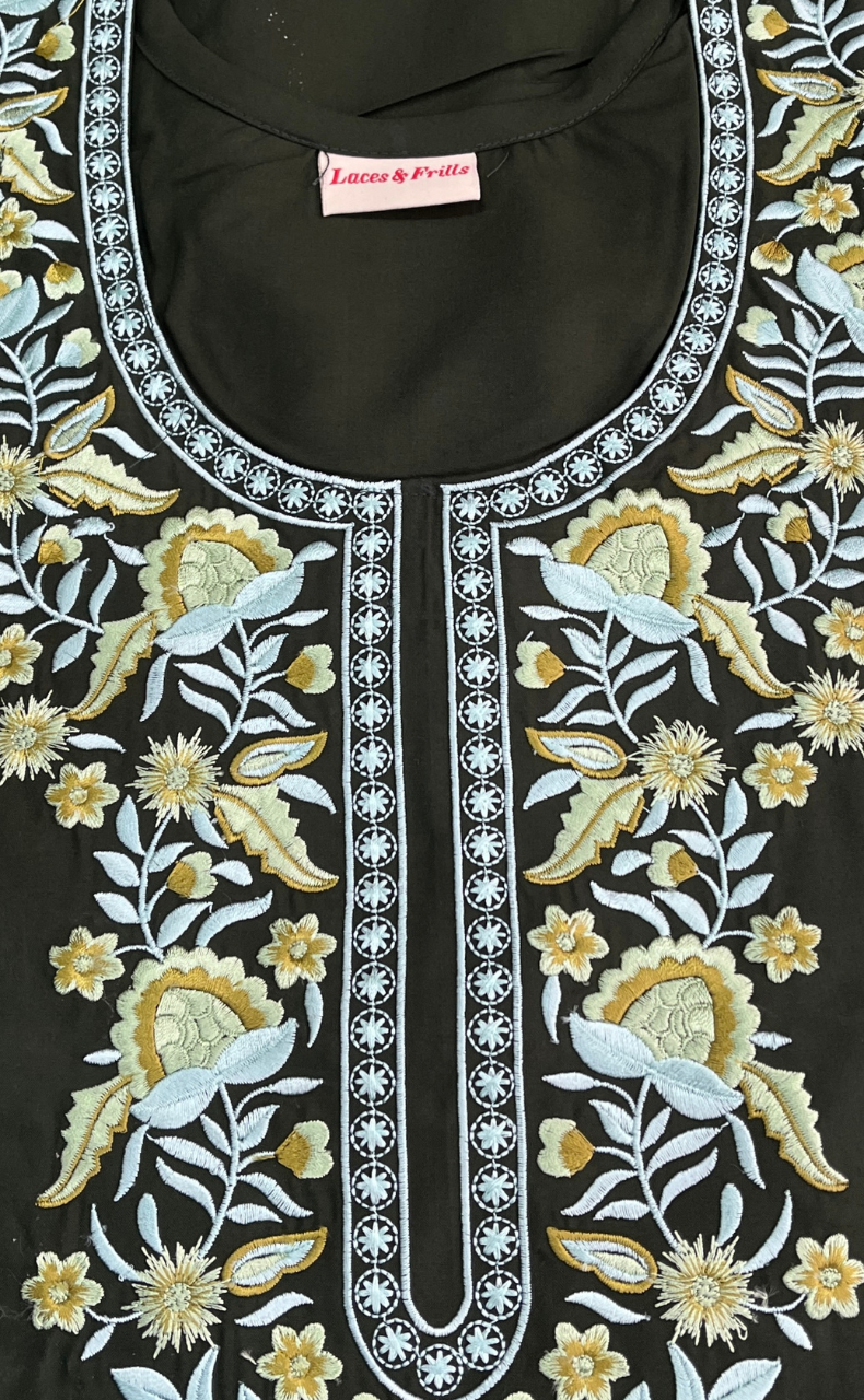 Mehndi Green Embroidery Soft Cotton Nighty. Soft Breathable Fabric | Laces and Frills