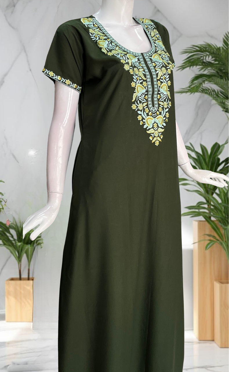 Mehndi Green Embroidery Soft Cotton Nighty. Soft Breathable Fabric | Laces and Frills