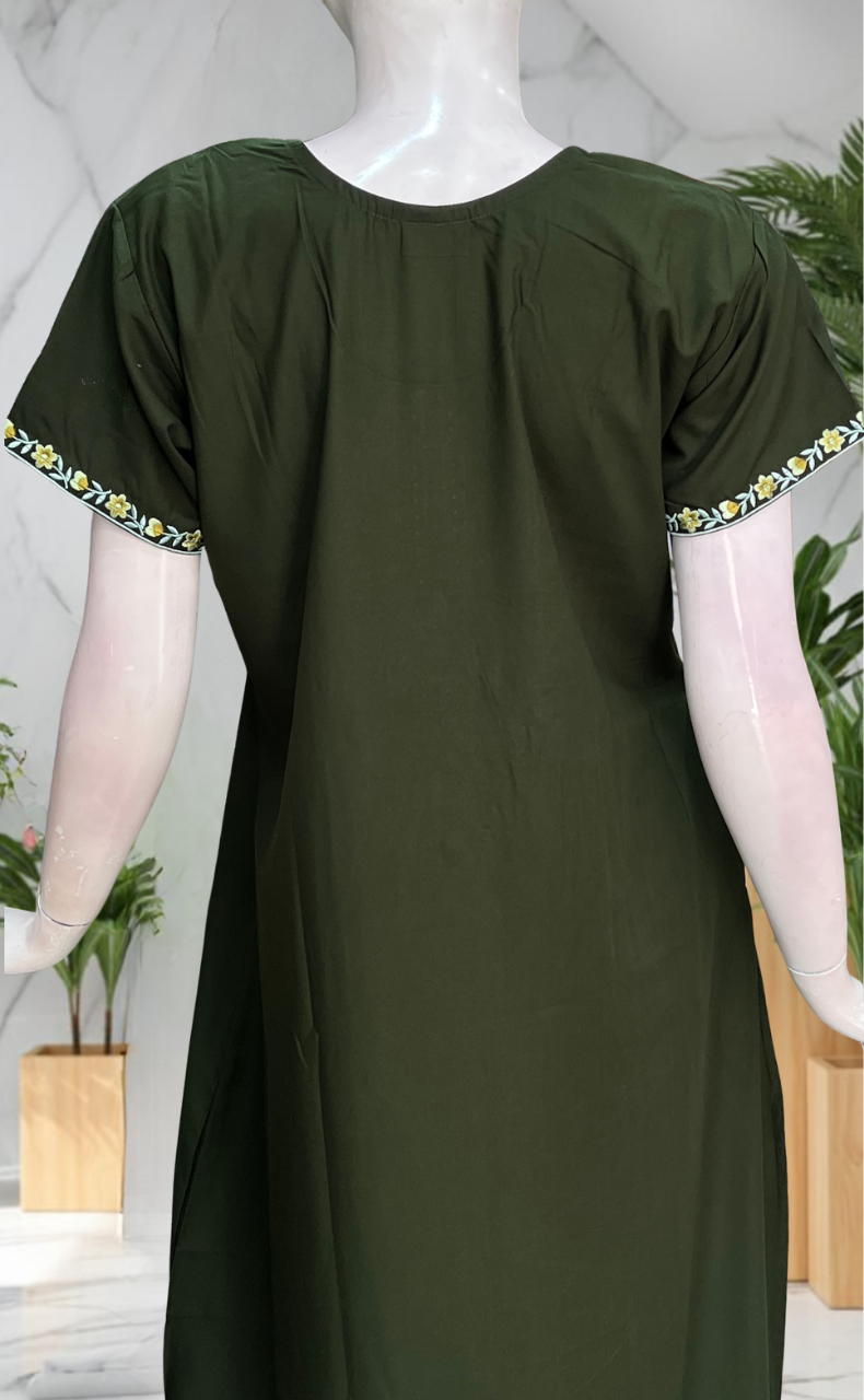 Mehndi Green Embroidery Soft Cotton Nighty. Soft Breathable Fabric | Laces and Frills