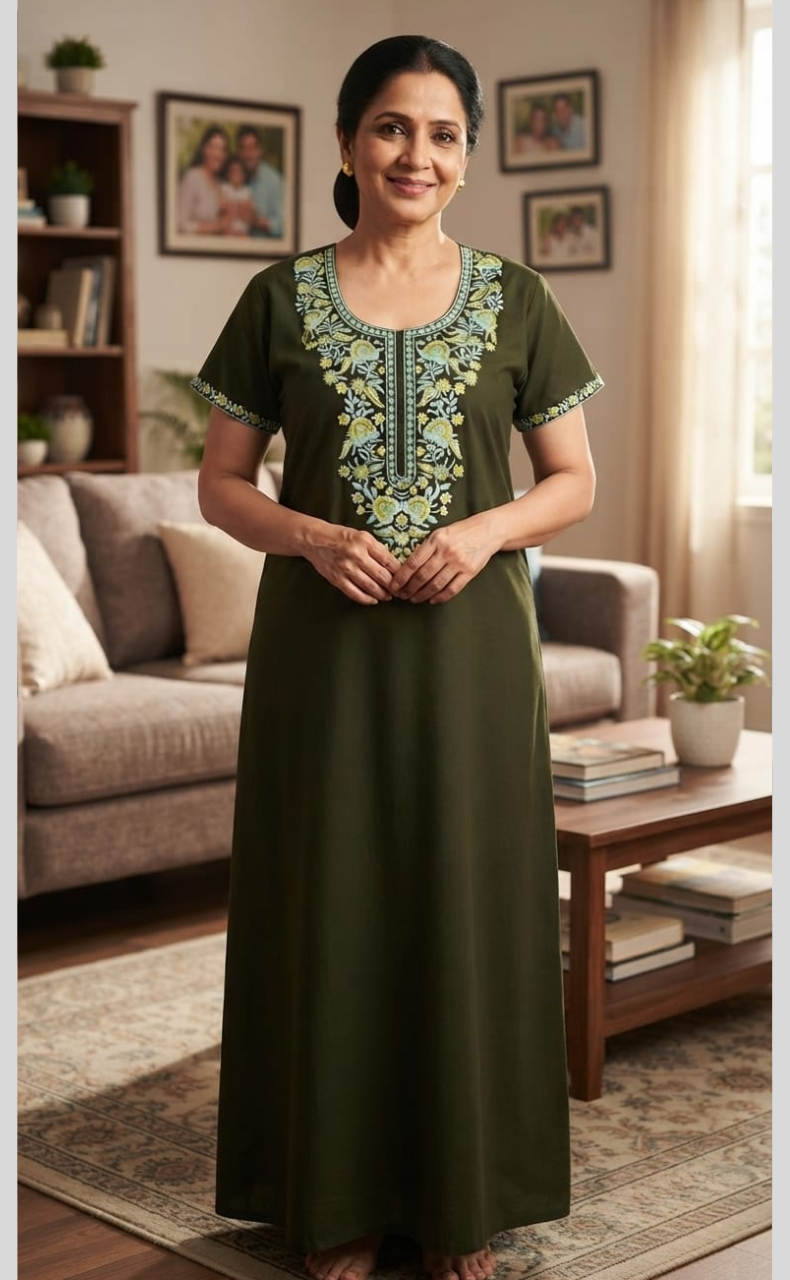Mehndi Green Embroidery Soft Cotton Nighty. Soft Breathable Fabric | Laces and Frills
