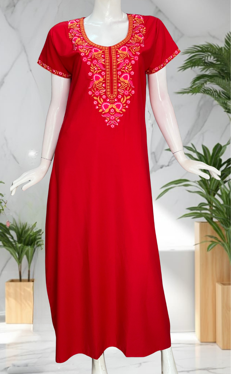 Red Embroidery Soft Cotton Nighty. Soft Breathable Fabric | Laces and Frills