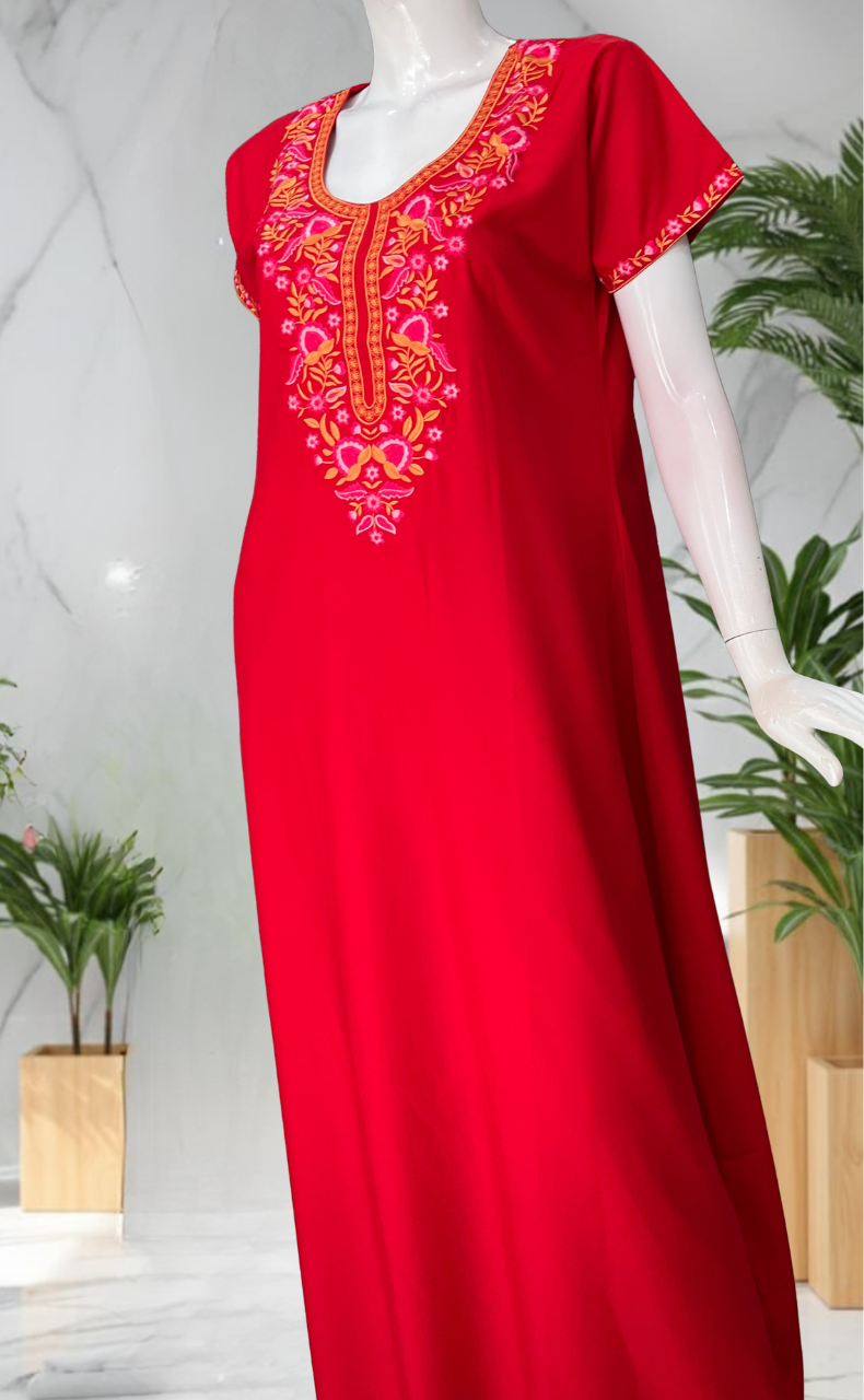 Red Embroidery Soft Cotton Nighty. Soft Breathable Fabric | Laces and Frills
