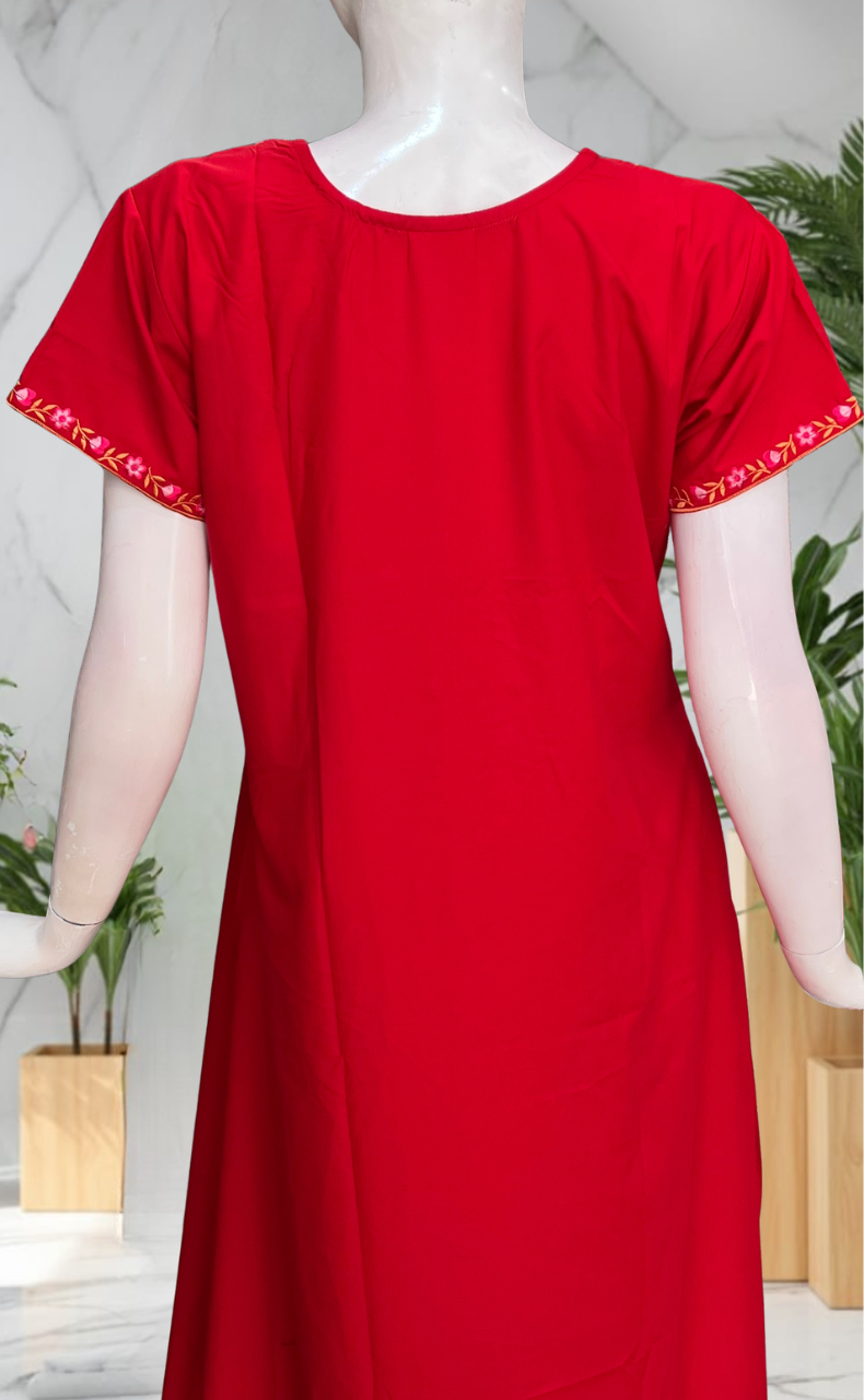 Red Embroidery Soft Cotton Nighty. Soft Breathable Fabric | Laces and Frills