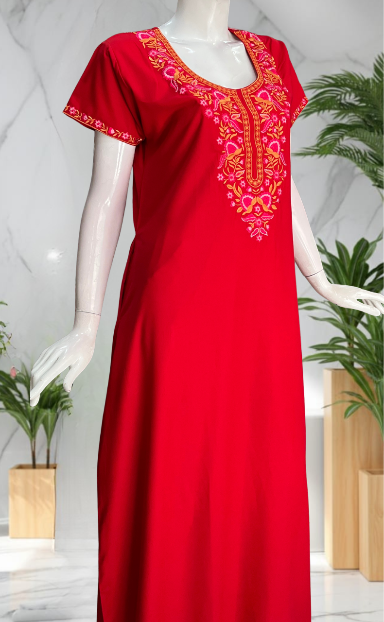 Red Embroidery Soft Cotton Nighty. Soft Breathable Fabric | Laces and Frills