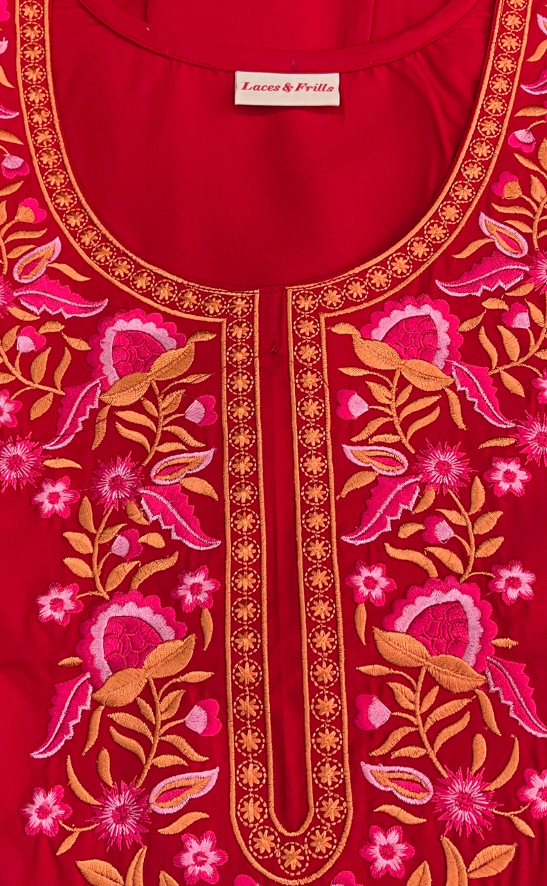 Red Embroidery Soft Cotton Nighty. Soft Breathable Fabric | Laces and Frills