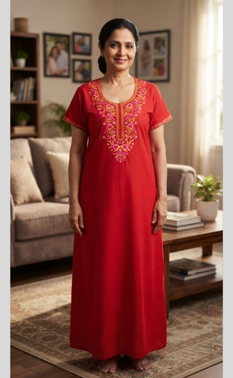 Red Embroidery Soft Cotton Nighty. Soft Breathable Fabric | Laces and Frills