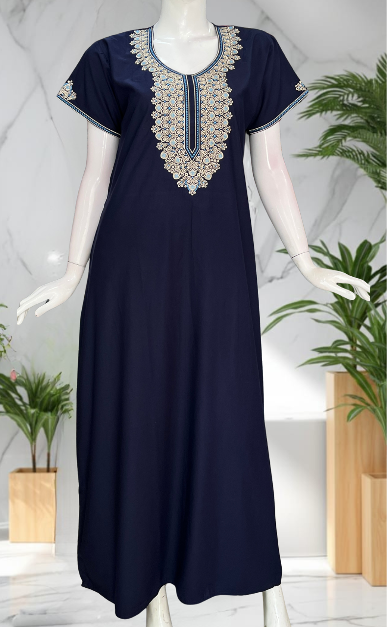 Navy Blue Embroidery Soft Cotton Nighty. Soft Breathable Fabric | Laces and Frills