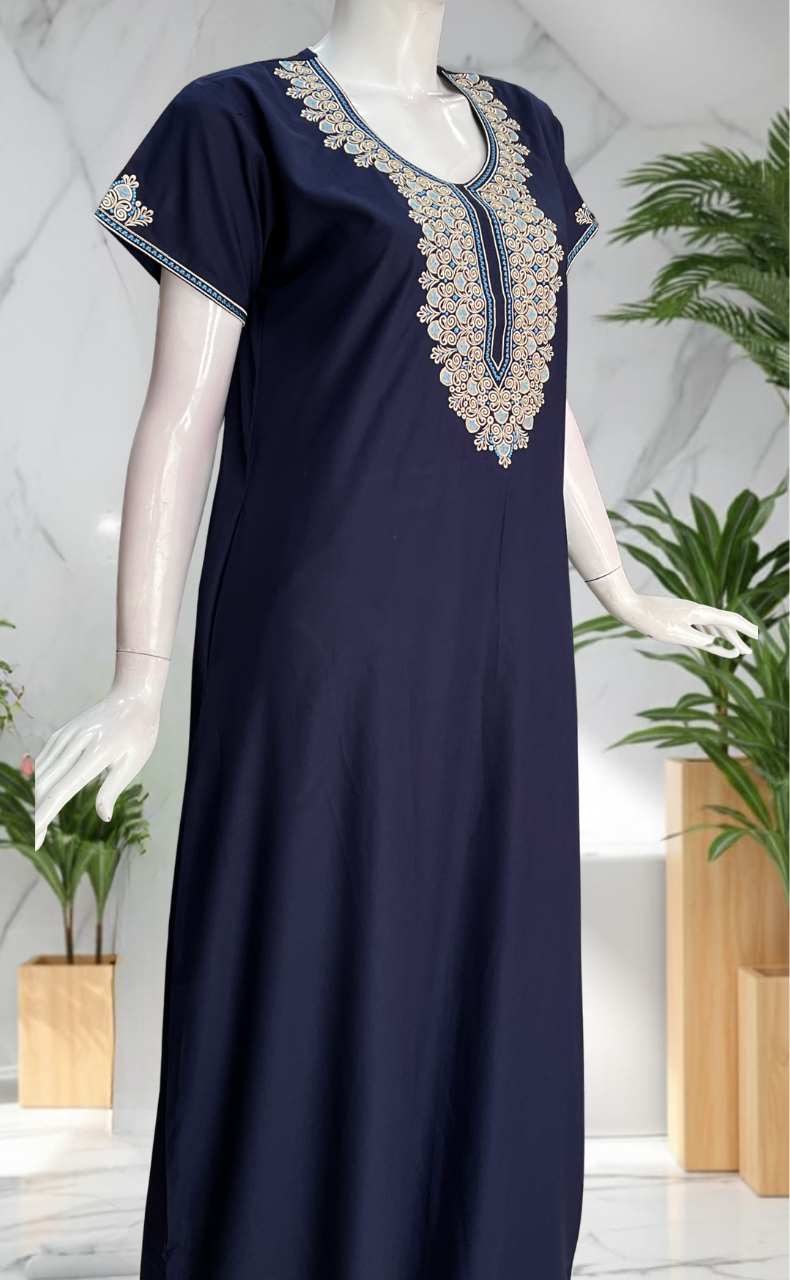Navy Blue Embroidery Soft Cotton Nighty. Soft Breathable Fabric | Laces and Frills