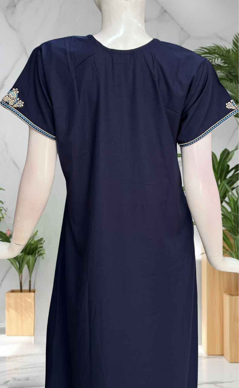 Navy Blue Embroidery Soft Cotton Nighty. Soft Breathable Fabric | Laces and Frills