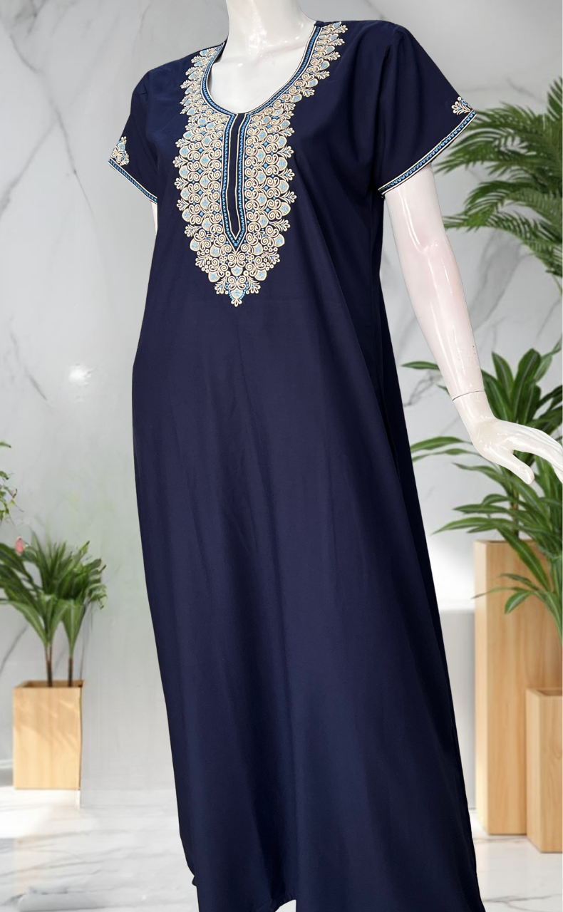 Navy Blue Embroidery Soft Cotton Nighty. Soft Breathable Fabric | Laces and Frills
