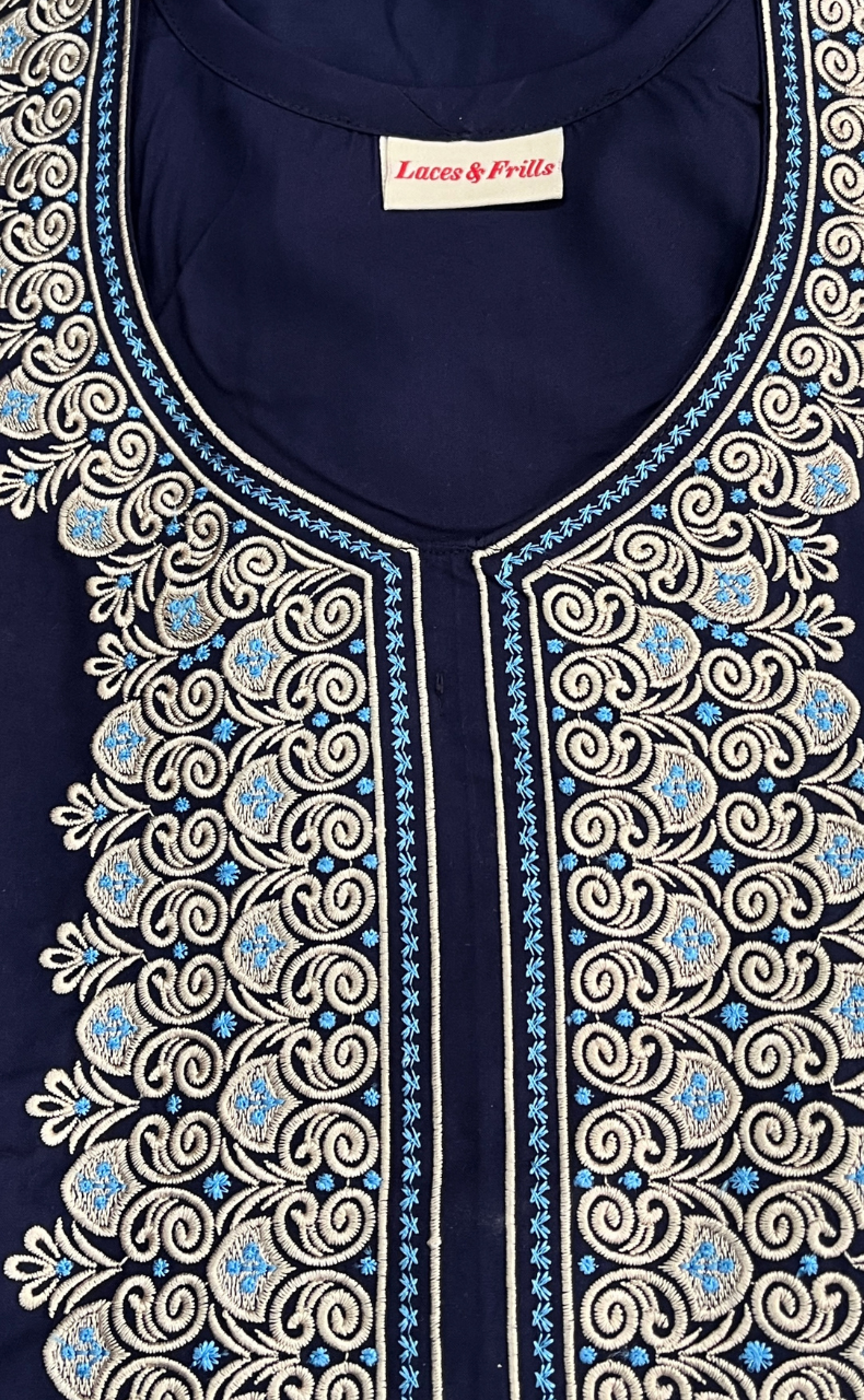 Navy Blue Embroidery Soft Cotton Nighty. Soft Breathable Fabric | Laces and Frills