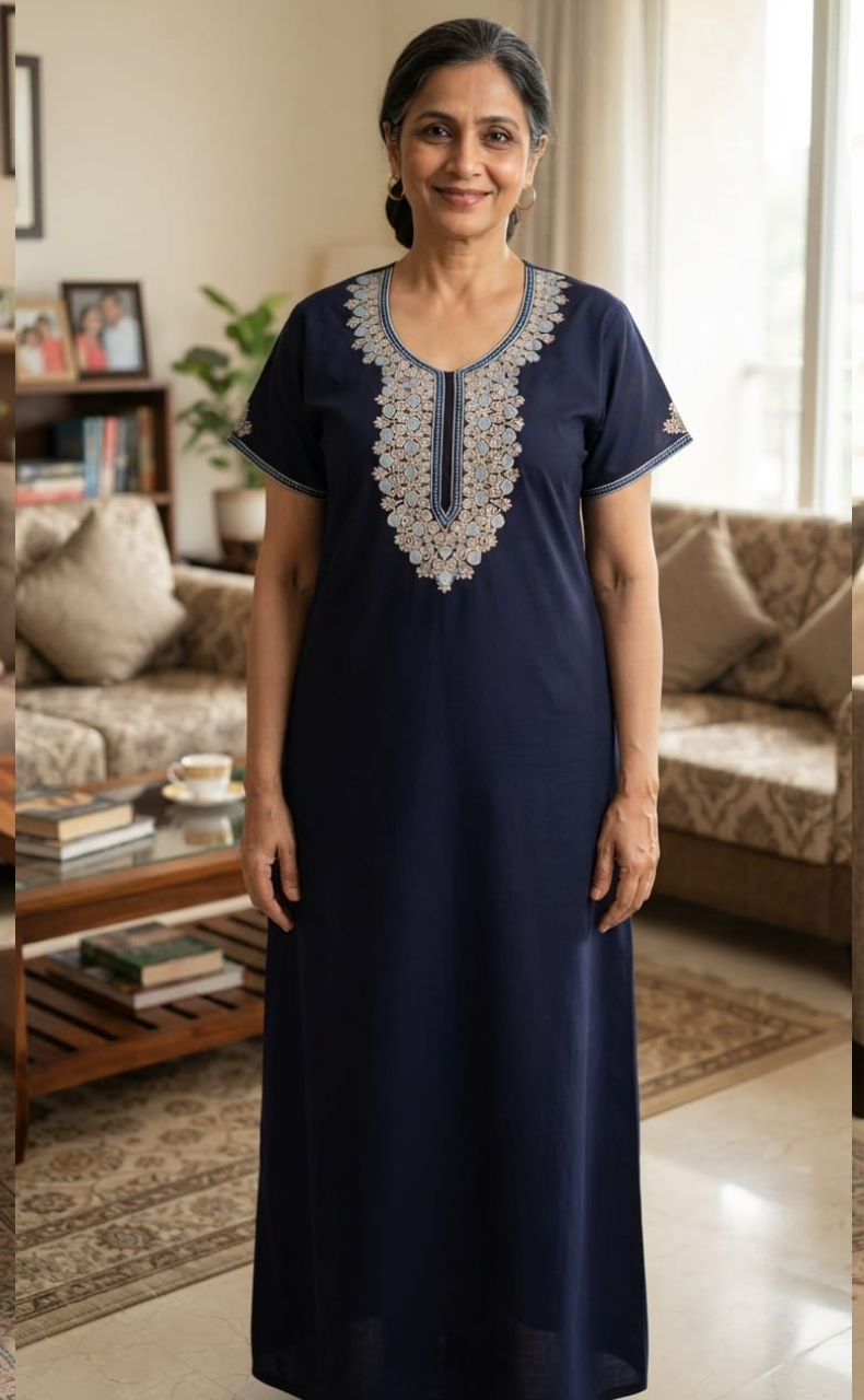 Navy Blue Embroidery Soft Cotton Nighty. Soft Breathable Fabric | Laces and Frills