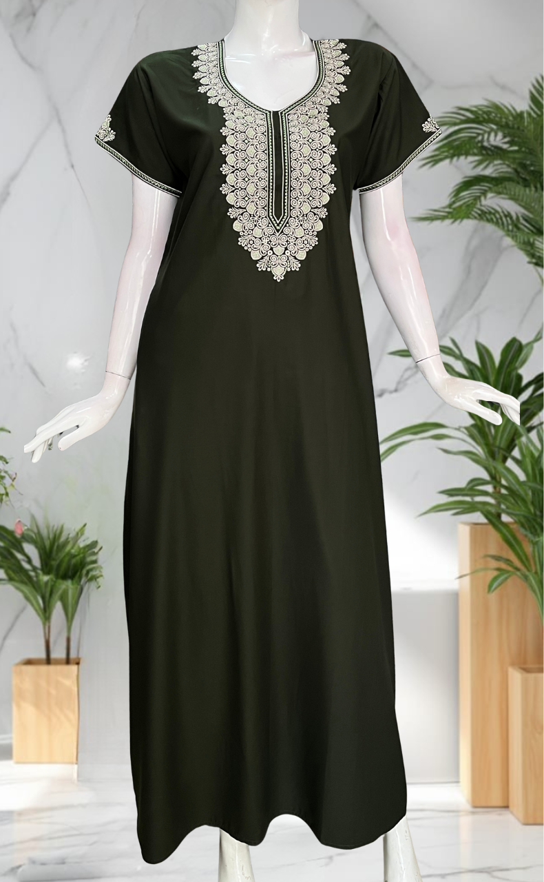 Mehndi Green Embroidery Soft Cotton Nighty. Soft Breathable Fabric | Laces and Frills