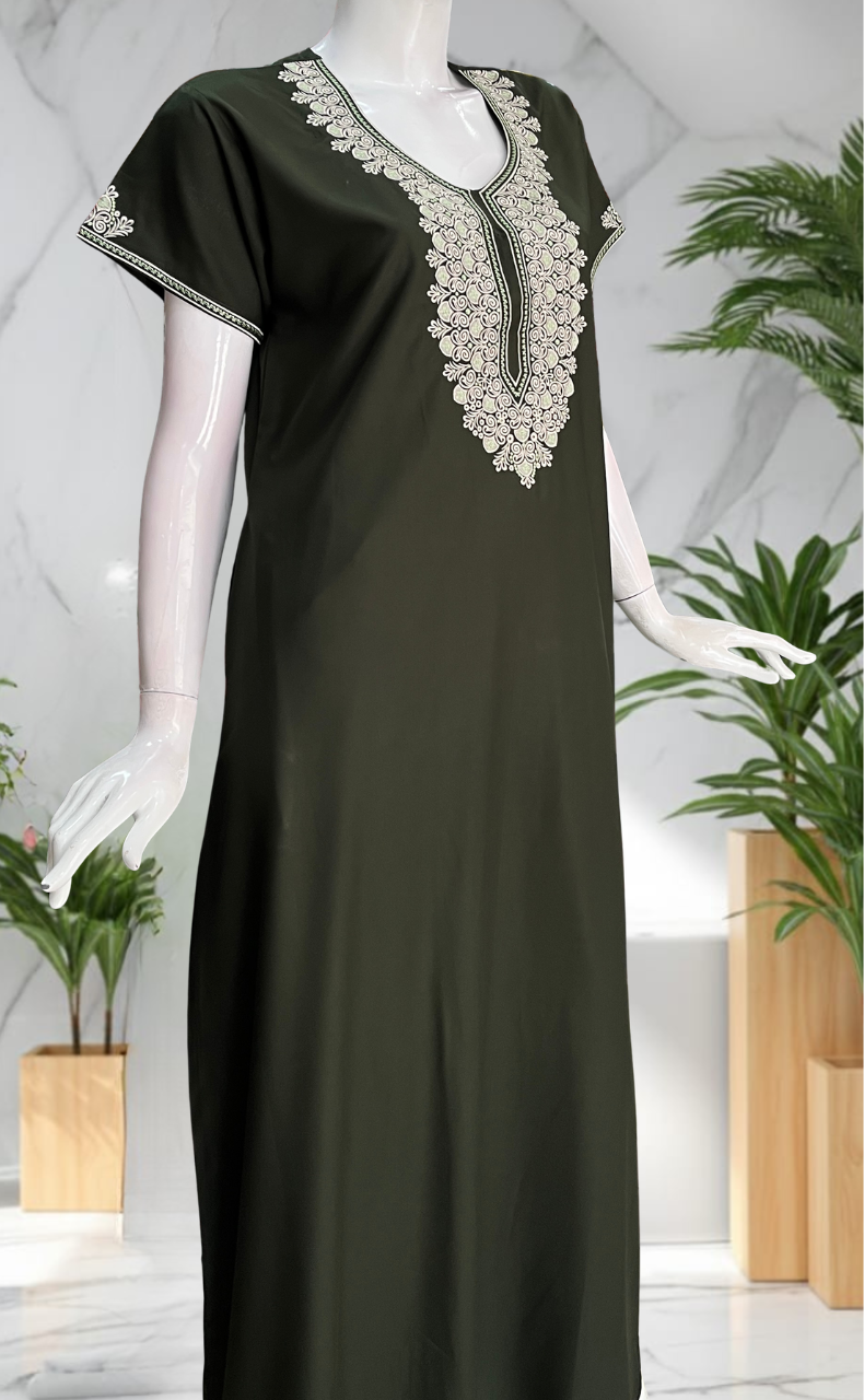 Mehndi Green Embroidery Soft Cotton Nighty. Soft Breathable Fabric | Laces and Frills